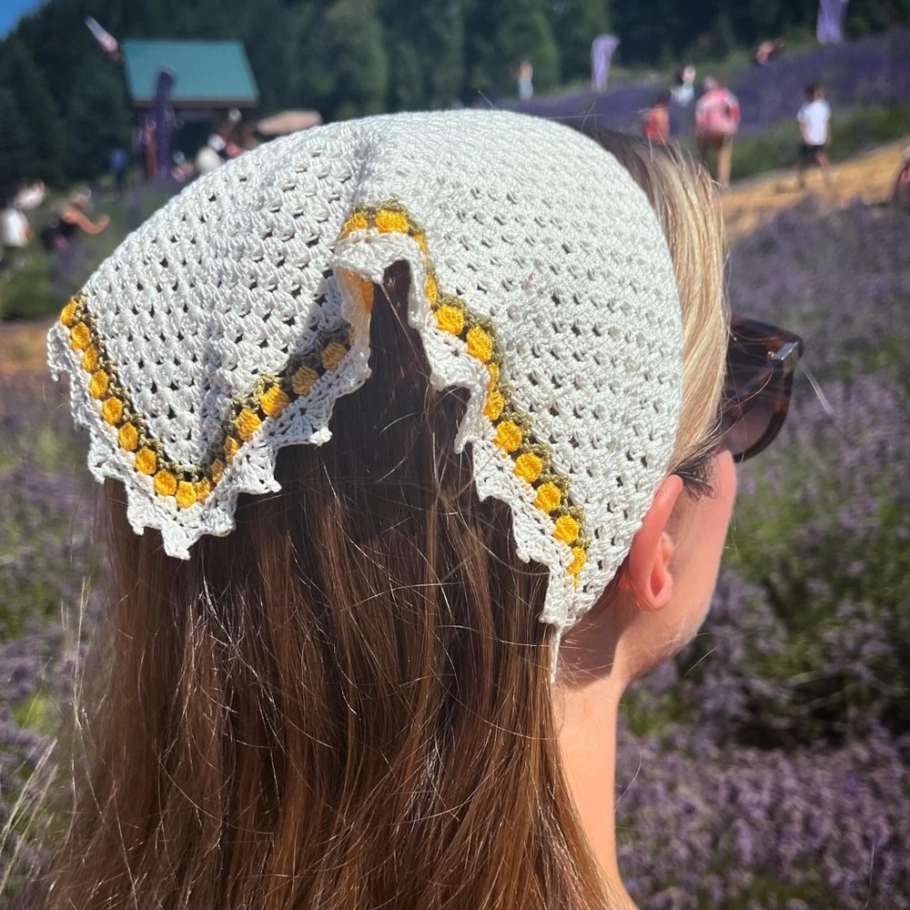Crochet bandana with tulip trim - handmade by me!!